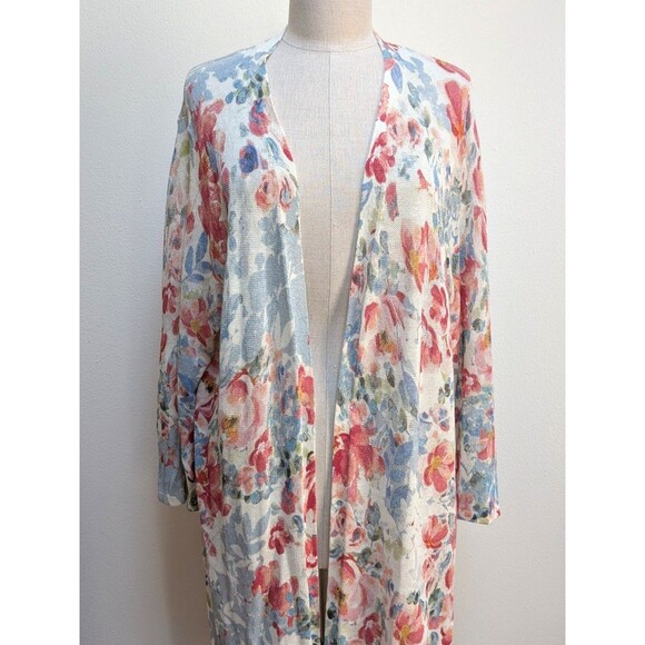 J. JILL Linen Blend Flora White Orange Boho Knee Length Cardigan Sz XL - Picture 1 of 7